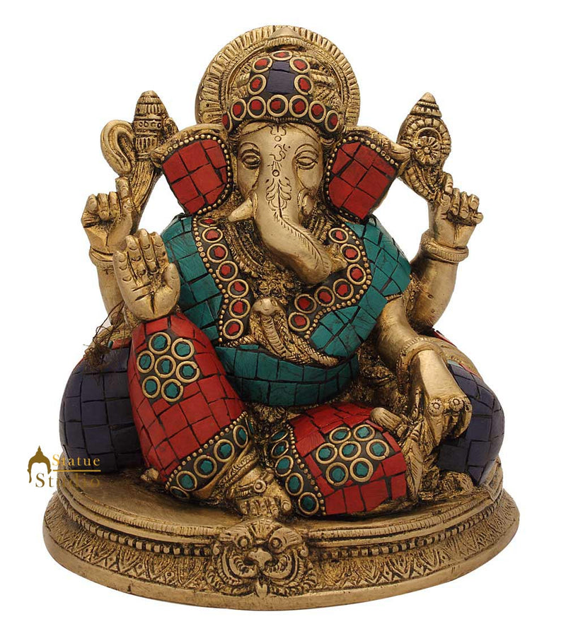 Brass ganesh elephant lord india gods hinduism turquoise coral religious art 6"