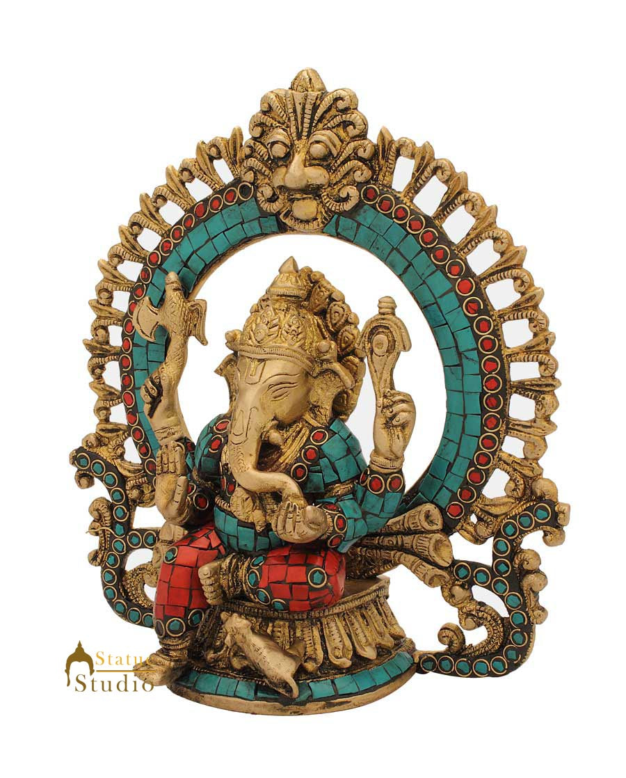 Hindu god elephant lord ganesha nepal turquoise coral beads religious decor 9"