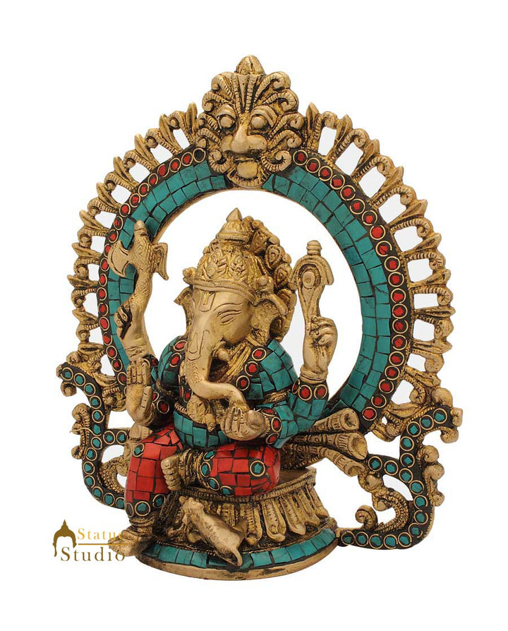Hindu god elephant lord ganesha nepal turquoise coral beads religious decor 9"