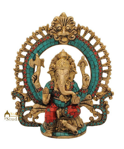 Hindu god elephant lord ganesha nepal turquoise coral beads religious decor 9"