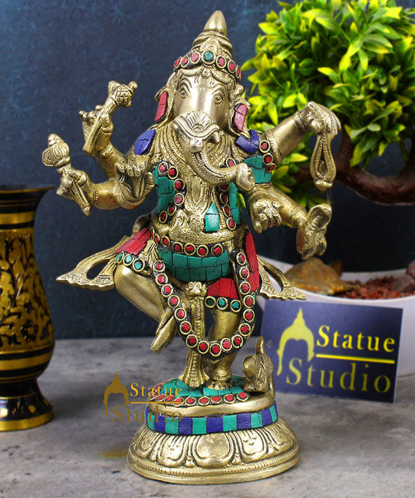Hindu god elephant lord dancing ganesha nepal turquoise coral religious decor 9"