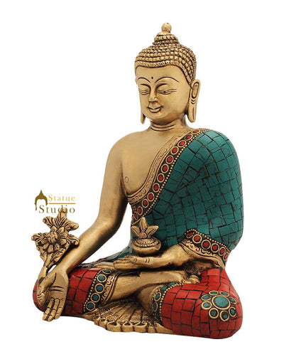 Medicine buddha old thai shakyamuni turquoise coral statue bronze figurine 8"