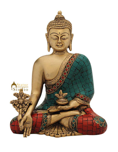 Medicine buddha old thai shakyamuni turquoise coral statue bronze figurine 8"