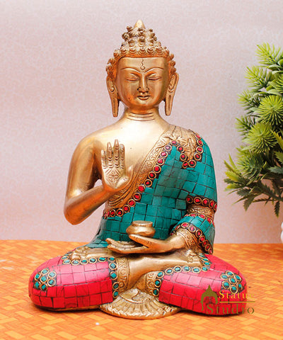 Bronze buddha statue brass old thai sakyamuni turquoise coral showpiece 10"