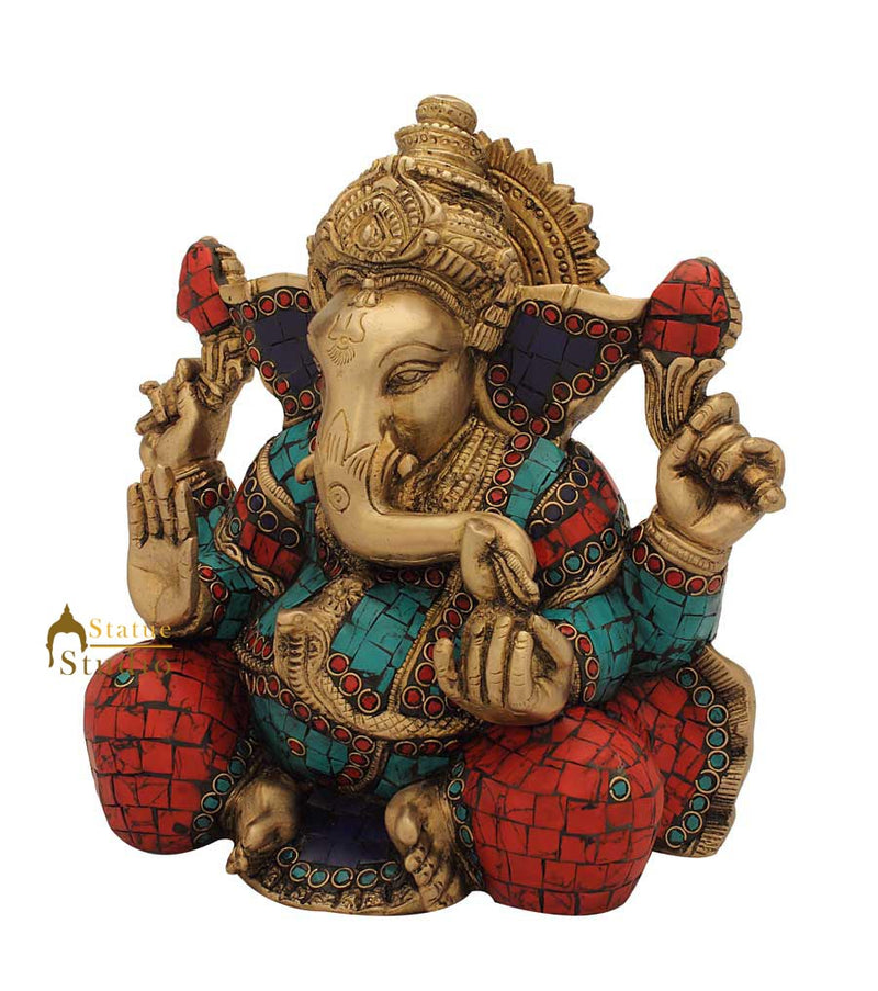 Hindu god elephant lord ganesha statue nepal turquoise coral religious decor 9"