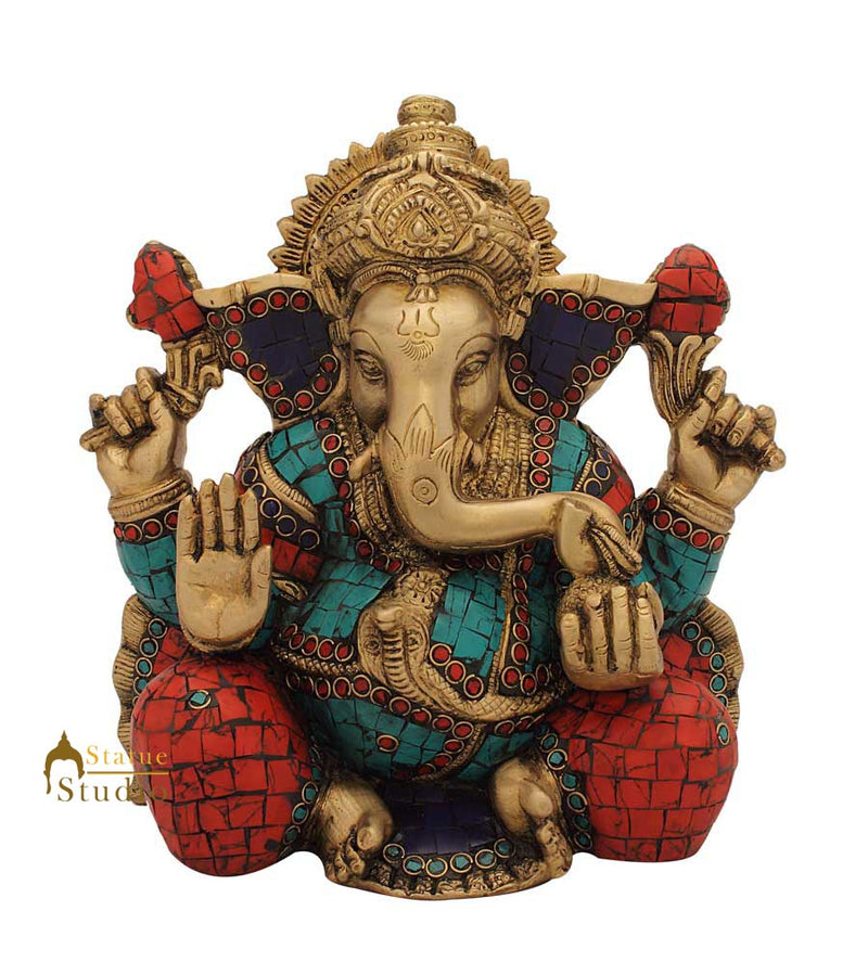 Hindu god elephant lord ganesha statue nepal turquoise coral religious decor 9"