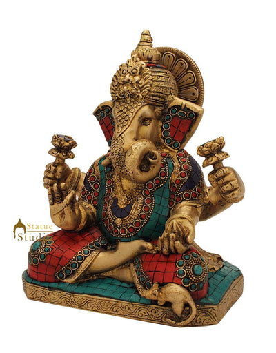 Hindu god lord ganesha statue nepal turquoise coral beads religious decor 9"