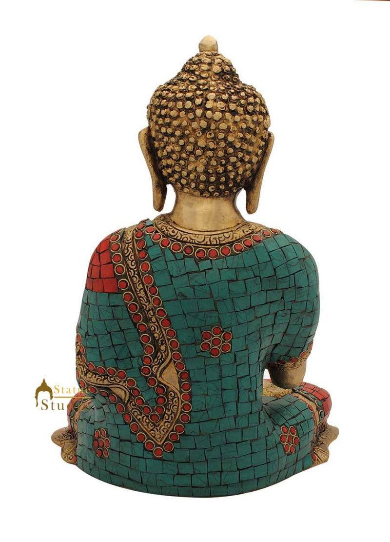 Bronze buddha nepal turquoise coral statue shakyamuni old thai figurine 12"