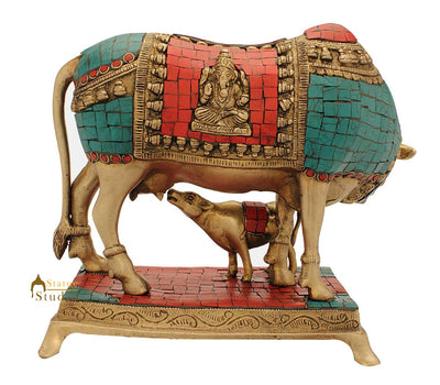 Brass india hindu holy cow calf pair statue turquoise coral religious décor 9"