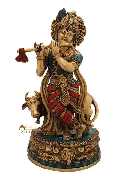 Brass hindu god krishna statue with cow antique religious décor 13"