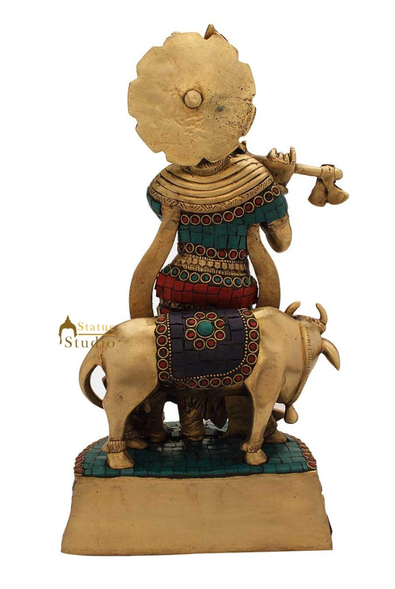 Brass hindu god krishna statue with cow antique religious décor 13"