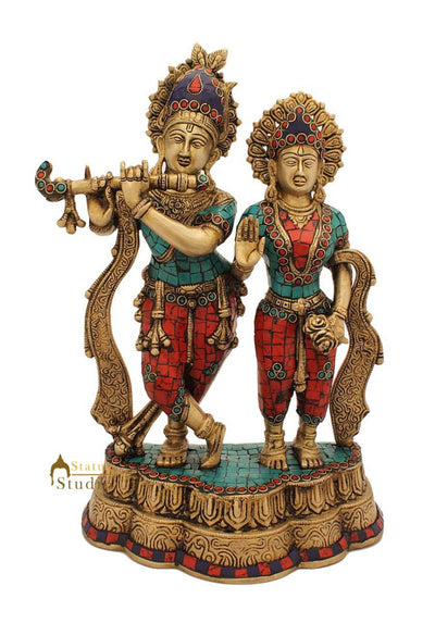 Brass Hindu God Krishna goddess radha statue turquoise coral religious décor 15"