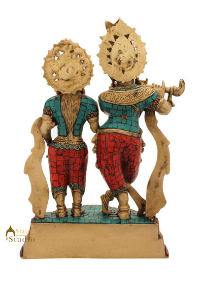 Brass Hindu God Krishna goddess radha statue turquoise coral religious décor 15"