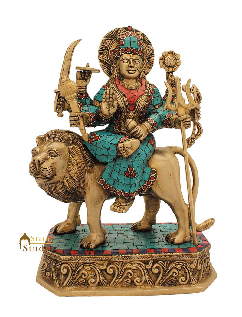 Brass hindu goddess maa durga statue nepal turquoise coral idol religious 13"
