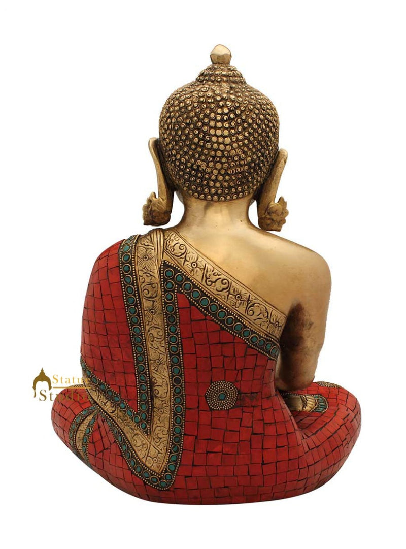 Bronze antique buddha brass statue turquoise coral tibet nepal décor 15"