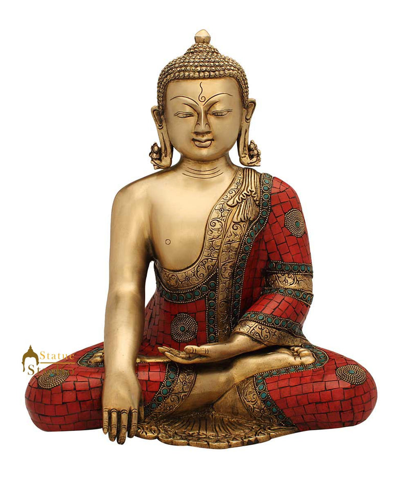 Bronze antique buddha brass statue turquoise coral tibet nepal décor 15"