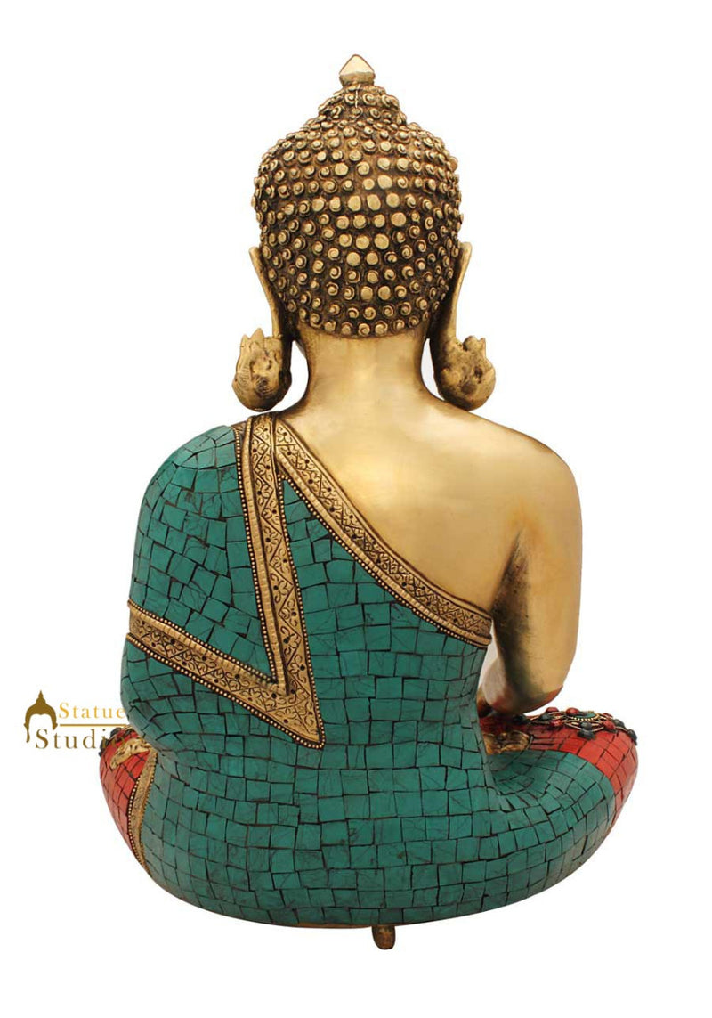Bronze antique buddha brass statue turquoise coral buddist tibet nepal décor 15"