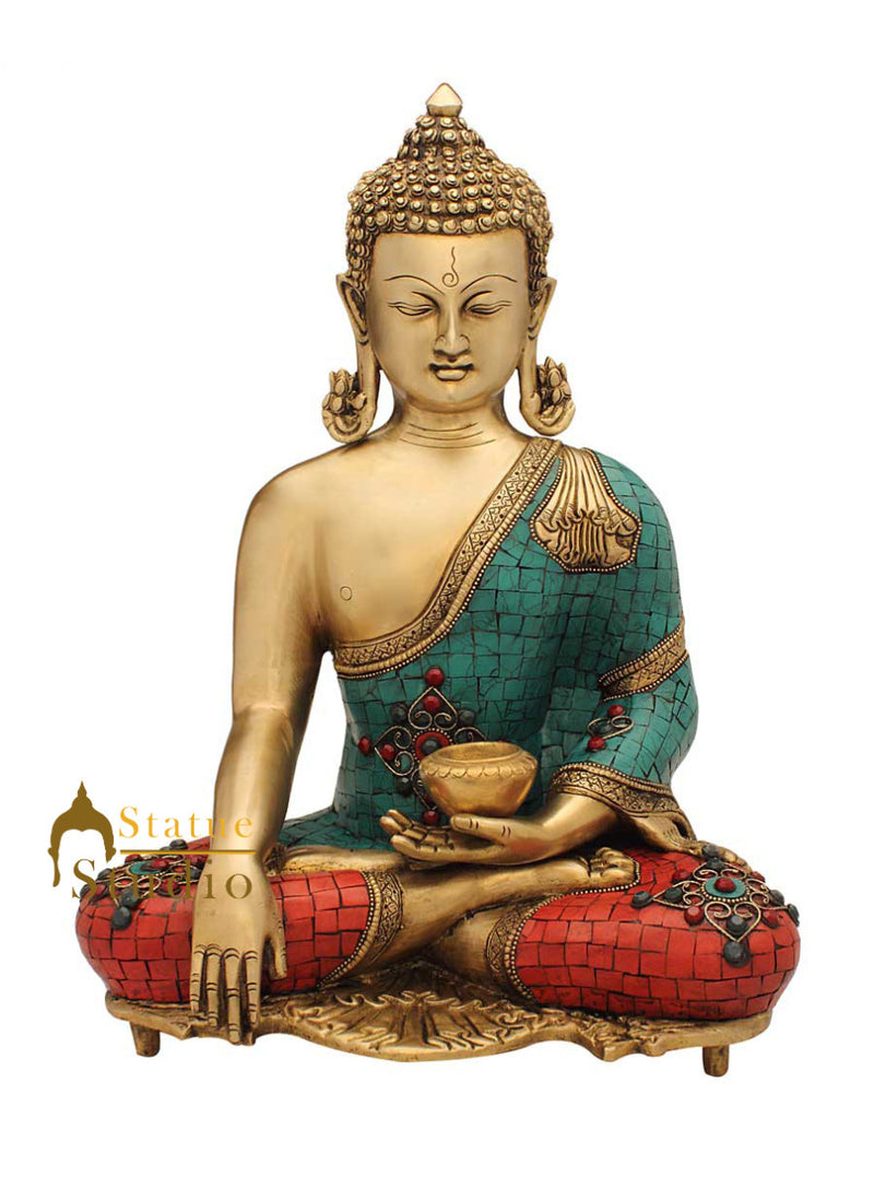 Bronze antique buddha brass statue turquoise coral buddist tibet nepal décor 15"