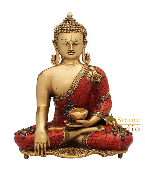 Brass buddha statue with bowl tibet buddhism nepal art bronze chinese décor 16"
