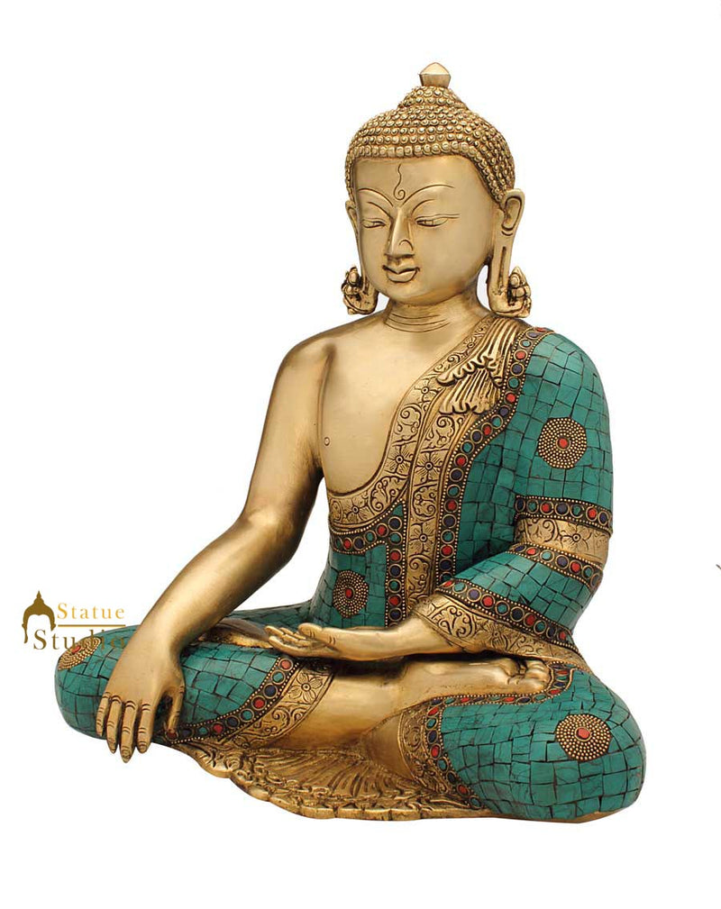 Nepal medicine buddha bronze statue turquoise coral old tibet buddhism décor 15"