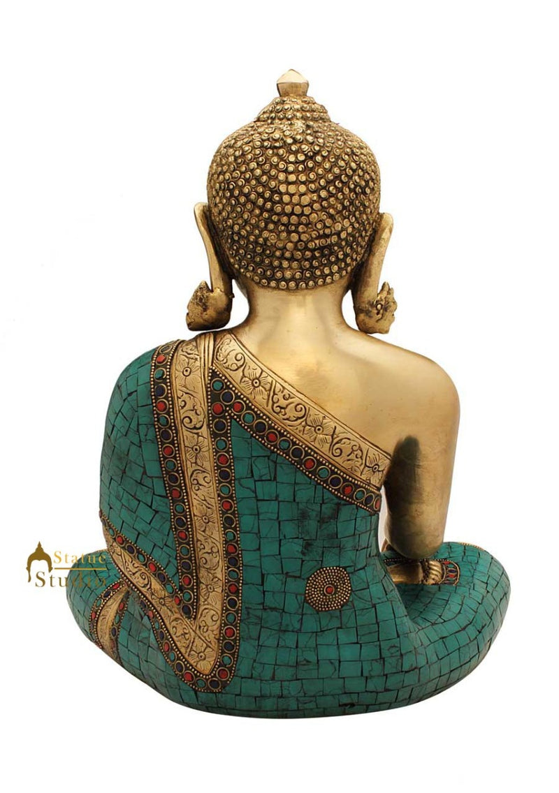Nepal medicine buddha bronze statue turquoise coral old tibet buddhism décor 15"