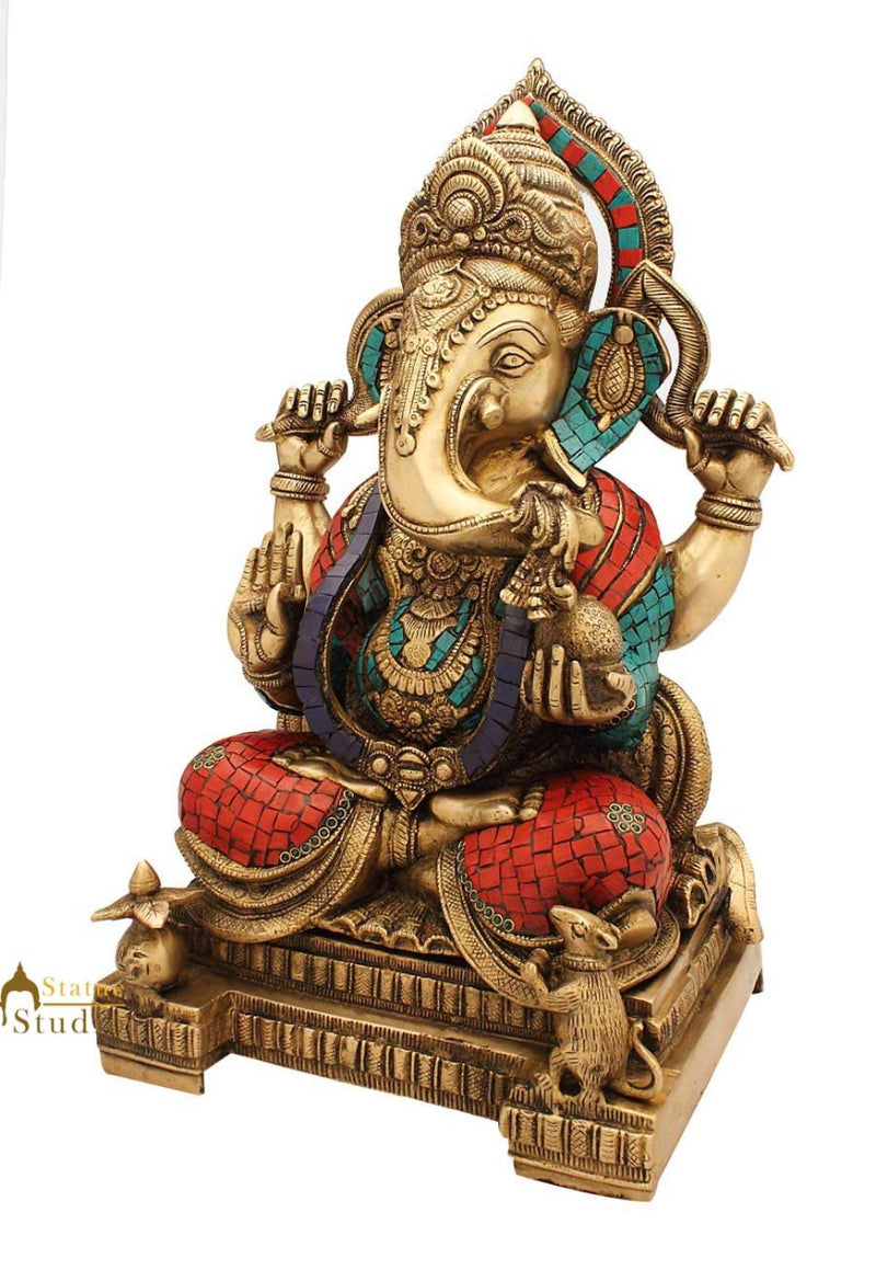 Brass hindu god ganesha on mouse nepal turquoise coral beads religious décor 18"