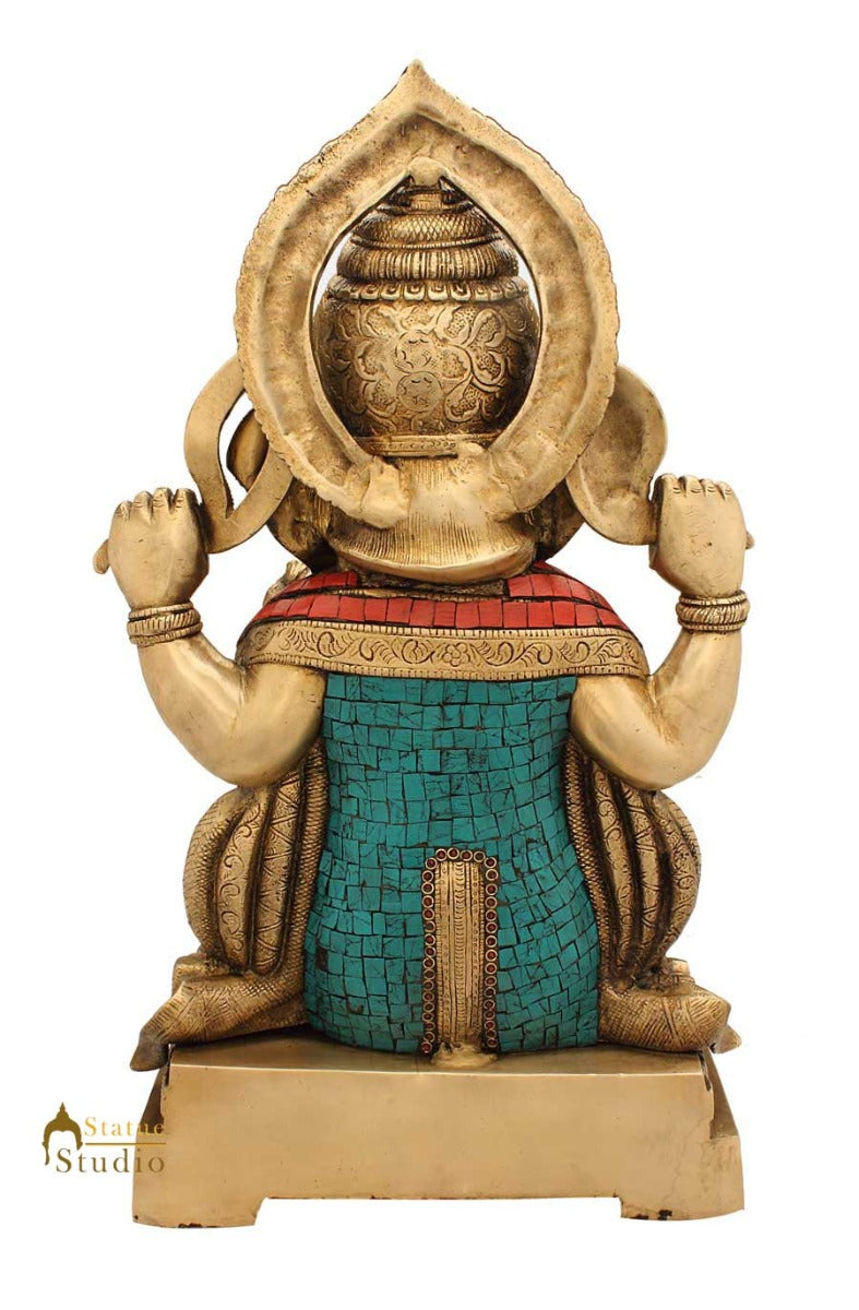 Brass hindu god ganesha on mouse nepal turquoise coral beads religious décor 18"