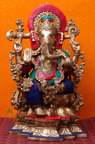 Brass south indian style hindu god ganesha jewellery figure beads statue 19"