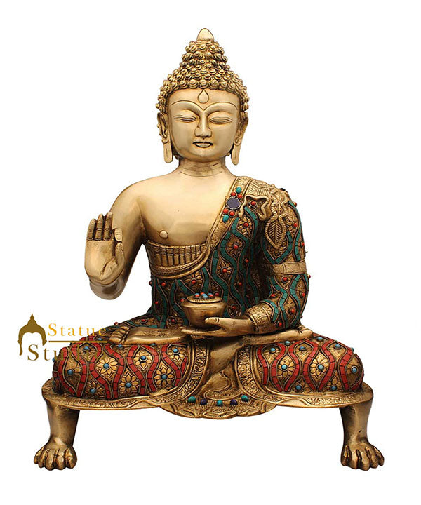 Nepal medicine buddha bronze statue turquoise coral old tibet buddhism décor 20"