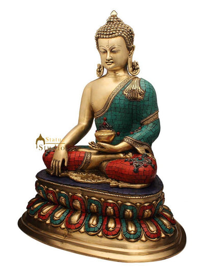 Antique buddha brass bronze statue tibet buddhism thai turquoise coral 12"