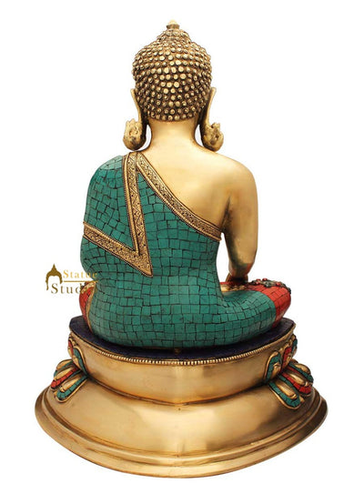 Antique buddha brass bronze statue tibet buddhism thai turquoise coral 12"