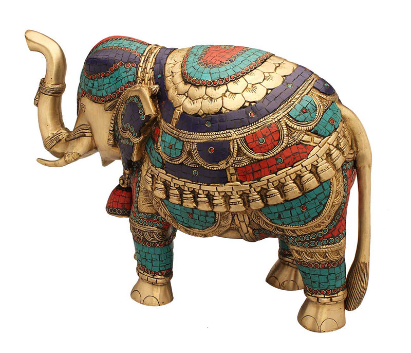 Feng Shui Brass animal india figurine turquoise coral elephant statue 15"