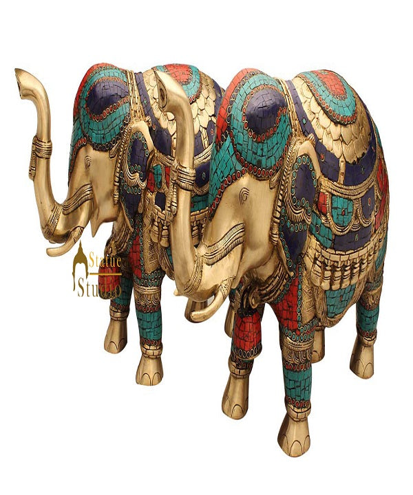 Feng Shui Brass animal india figurine turquoise coral elephant pair statue 15"