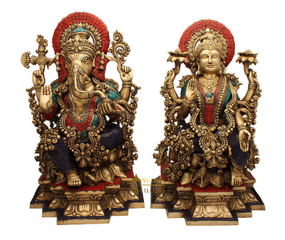 Brass hindu god goddess ganesh laxmi idol diwali figure religious décor 19"