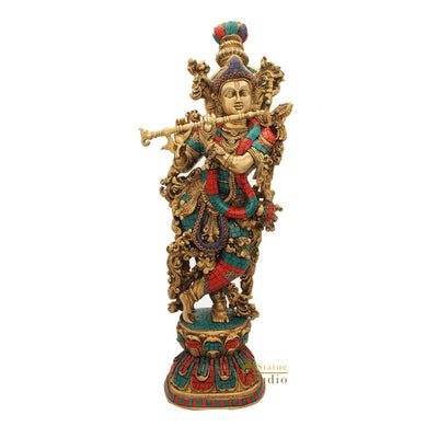 Brass india hindu god deity lord Krishna idol statue turquoise coral art 29"