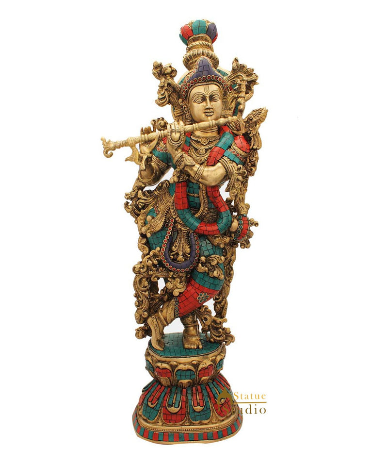 Brass india hindu god deity lord Krishna idol statue turquoise coral art 29"