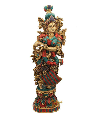 Brass hindu goddess radha statue antique turquoise religious room décor 29"