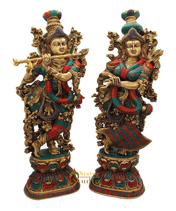 Brass Hindu God Krishna goddess radha statue turquoise coral religious décor 29"