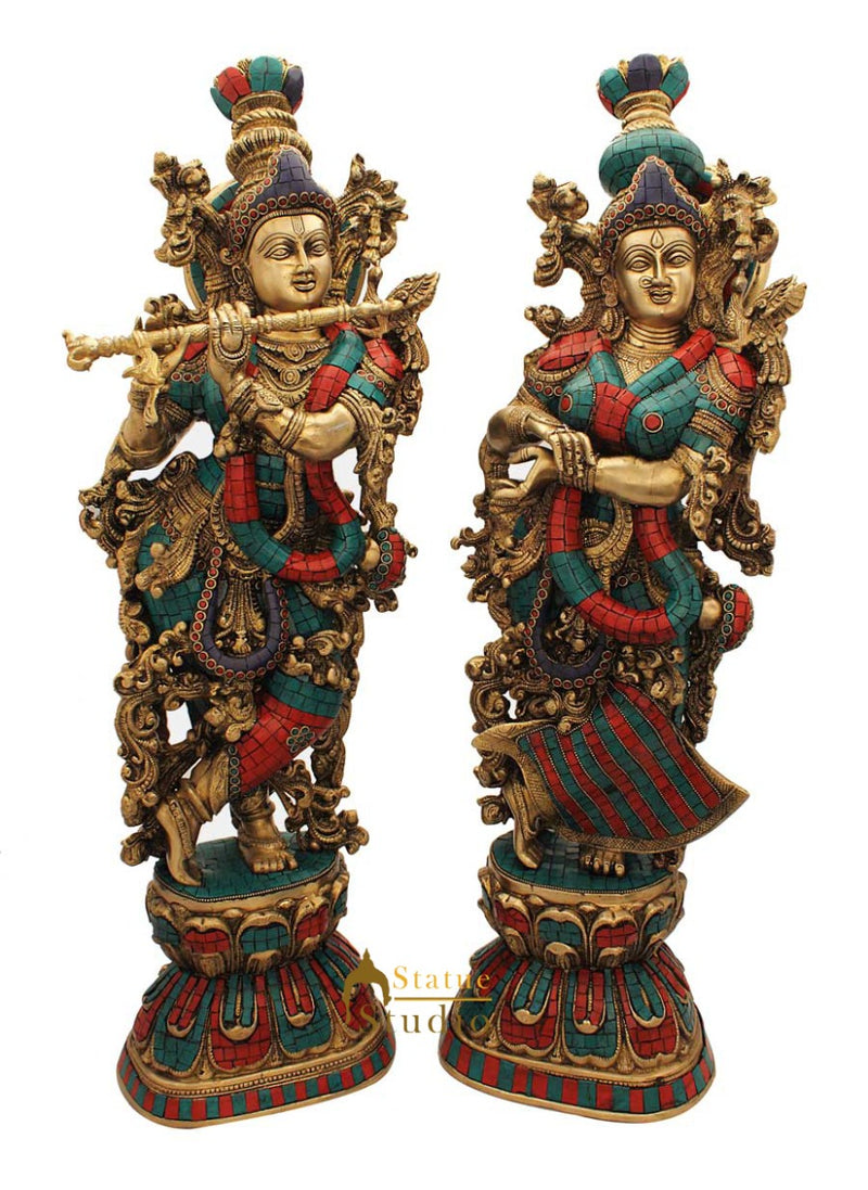 Brass Hindu God Krishna goddess radha statue turquoise coral religious décor 29"