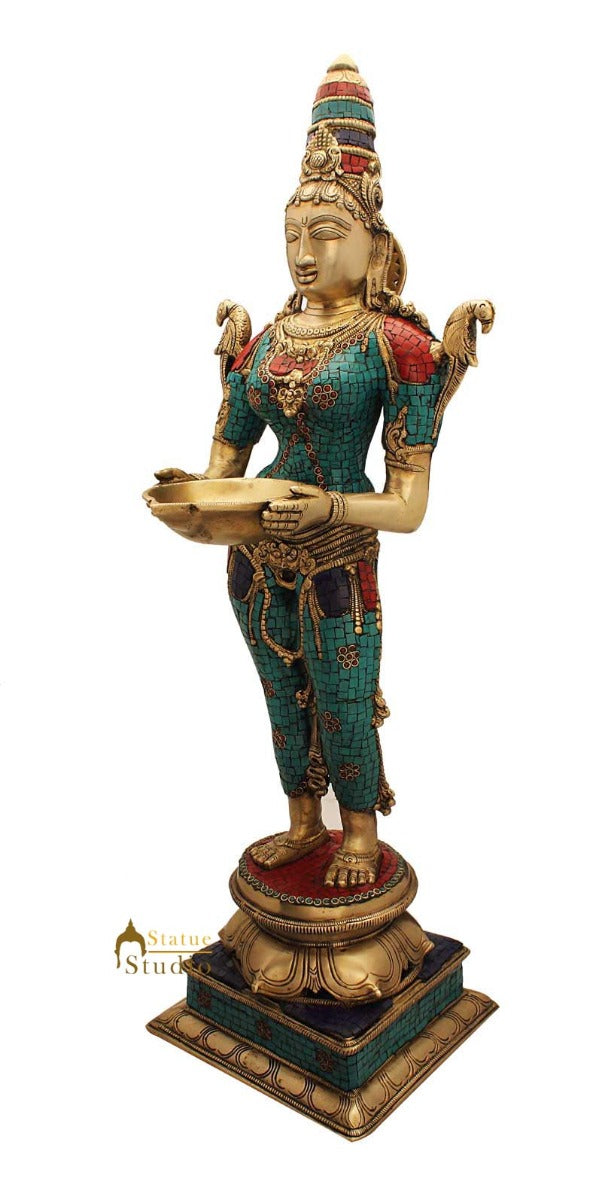 India brass deeplaxmi religious décor showpiece turquoise coral figurine 32"
