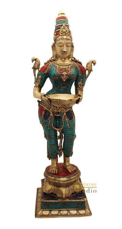 India brass deeplaxmi religious décor showpiece turquoise coral figurine 32"