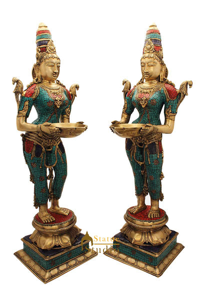 India brass deeplaxmi pair statue décor showpiece turquoise coral figure 32"