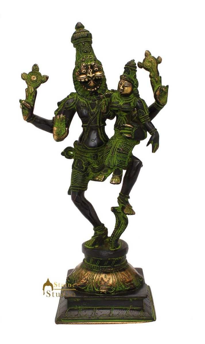 Brass Hindu god hand crafted lord Narsingh Antique statue idol 13"