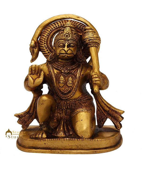 Brass sitting hindu god lord hanuman idol murti religious statue sculpture 6"