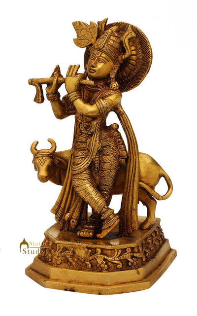 Antique statue Lord Krishna hindu god deity with cow pooja religious décor 10"