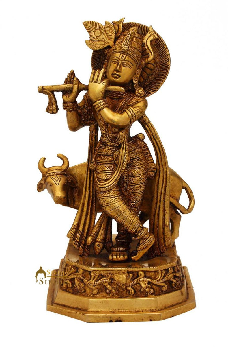 Antique statue Lord Krishna hindu god deity with cow pooja religious décor 10"
