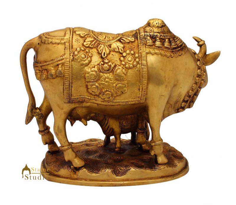 Brass hindu sacred holy cow and calf religious pair statue idol pooja figure 7"