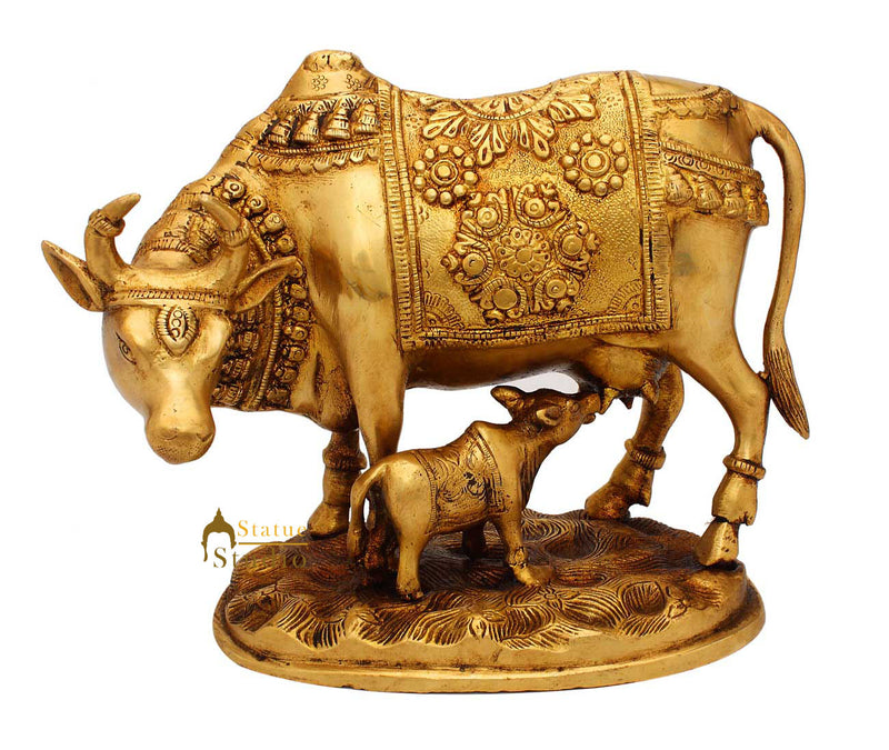 Brass hindu sacred holy cow and calf religious pair statue idol pooja figure 7"