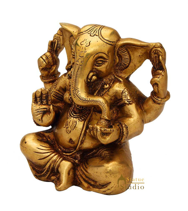 Brass sitting ganesha statue india hindu gods hand made figure sculpture 5"