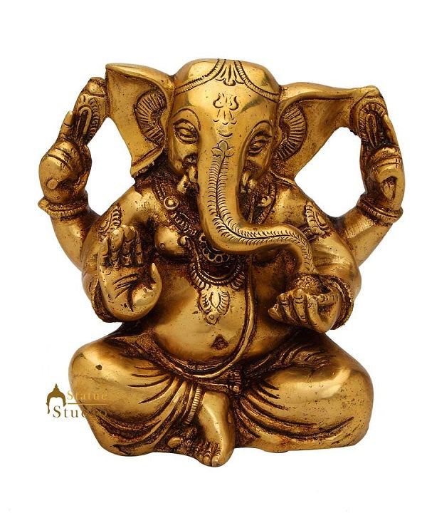 Brass sitting ganesha statue india hindu gods hand made figure sculpture 5"